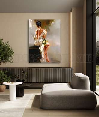 Poster - Oil Painted Girl with Beige Dress, 60 x 90 см, Framed poster on glass, Nude