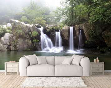 Wall Mural - Beautiful waterfall in the green forest