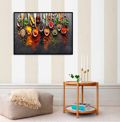 Poster - Seasonings in spoons, 90 x 60 см, Framed poster, Food and Drinks