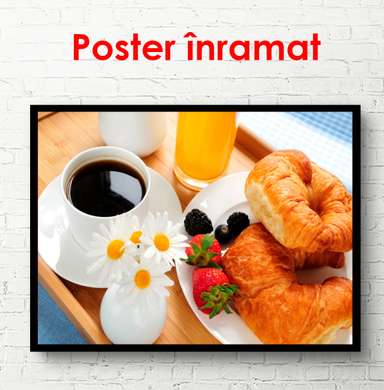 Poster - Cafea cu croissant, 90 x 60 см, Poster înrămat, Alimente și Băuturi