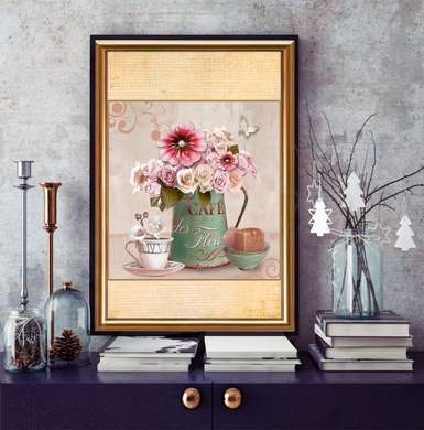 Постер - Букет из розовых цветов в зеленой вазе, 60 x 90 см, Постер в раме, Прованс