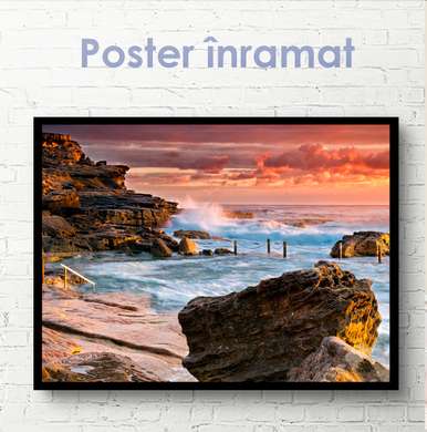 Poster - Purple sunset at the rocky beach, 45 x 30 см, Canvas on frame