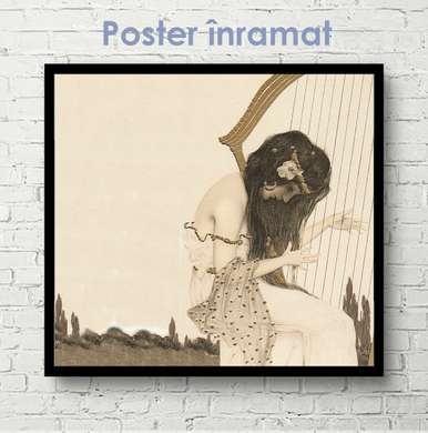 Poster - Fată care cântă la harpă, 100 x 100 см, Poster inramat pe sticla