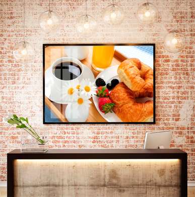 Poster - Coffee with croissant, 90 x 60 см, Framed poster on glass, Food and Drinks