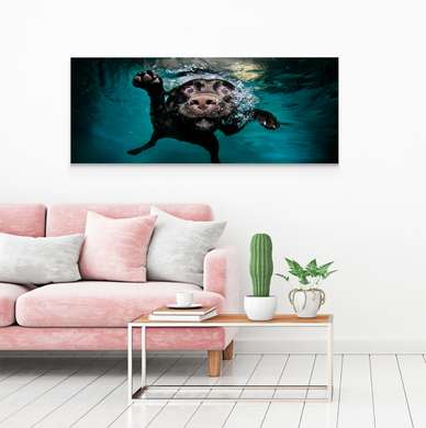 Постер, Собака под водой, 60 x 30 см, Холст на подрамнике, Животные