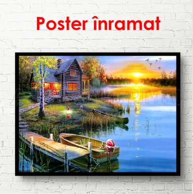 Poster - Colibă ​​lângă iaz, 45 x 30 см, Panza pe cadru, Diverse