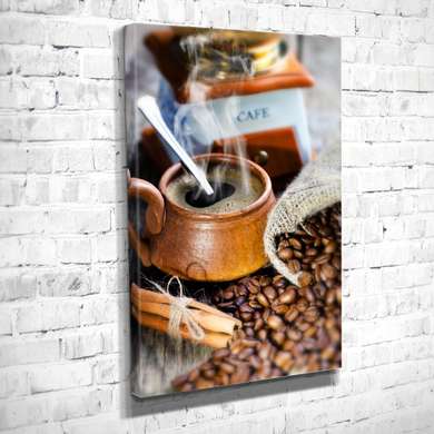 Poster - Pahar cu cafea și boabe de cafea, 45 x 90 см, Poster înrămat, Alimente și Băuturi