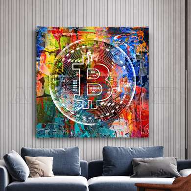 Poster - Bitcoin pe fundal multicolor, 100 x 100 см, Poster inramat pe sticla, Abstracție