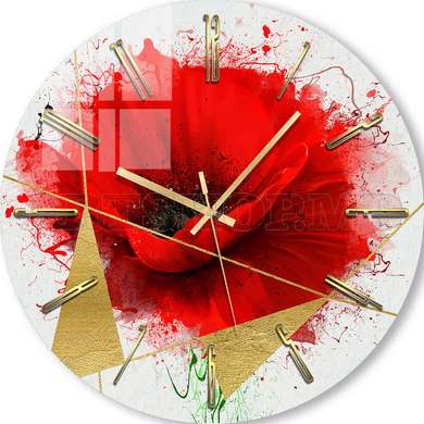 Glass clock - Red poppy with golden elements, 30cm