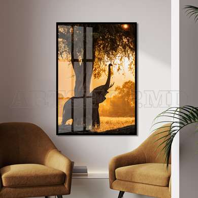 Poster - The elephant on the background of the sunset, 60 x 90 см, Framed poster on glass, Animals