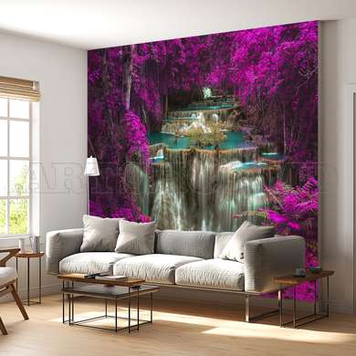 Wall mural - The waterfall and the trees with pink leaves