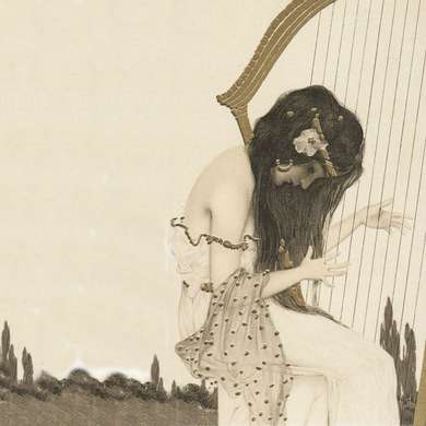 Poster - Fată care cântă la harpă, 100 x 100 см, Poster inramat pe sticla