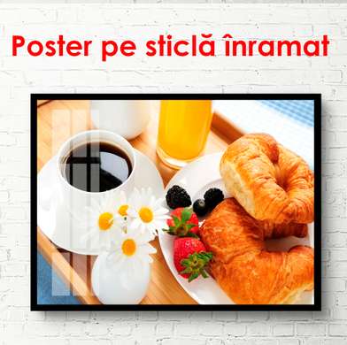 Постер - Кофе с круассаном, 90 x 60 см, Постер в раме, Еда и Напитки