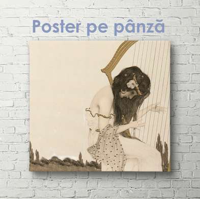 Poster - Girl playing the harp, 100 x 100 см, Framed poster on glass, Vintage