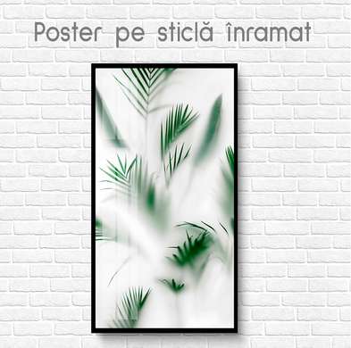 Poster - Frunze verzi de palmieri în ceață, 45 x 90 см, Poster inramat pe sticla