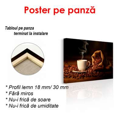 Poster - Cup of coffee with coffee beans on a brown background, 90 x 60 см, Framed poster, Food and Drinks