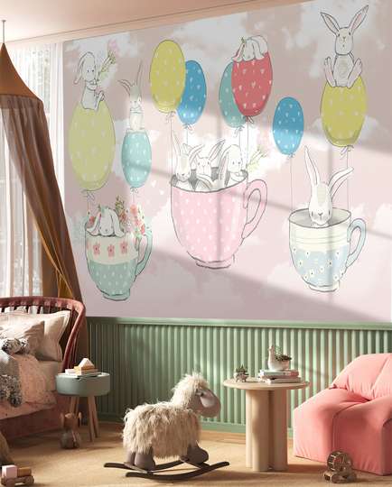 Fototapet - Iepurași drăguți cu baloane pe un fundal roz