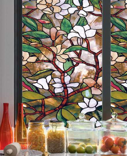 Window Privacy Film, Decorative stained glass window with magnolia flowers, 60 x 90cm, Transparent