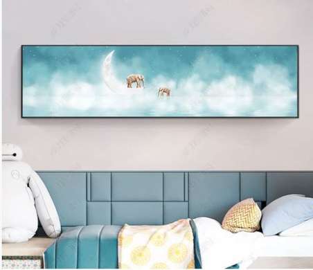Постер - Слоники на луне, 90 x 45 см, Постер на Стекле в раме