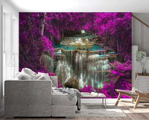 Wall mural - The waterfall and the trees with pink leaves