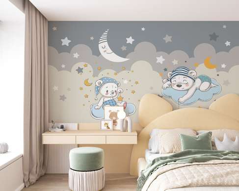 Nursery Wall Mural - White moon against a blue sky with stars and cute bears
