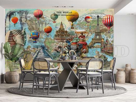 Wall mural - Vintage world map with colorful balloons