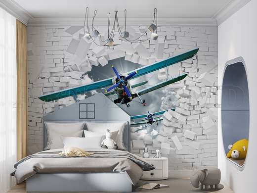 Wall Mural - Blue airplanes on 3D wall background