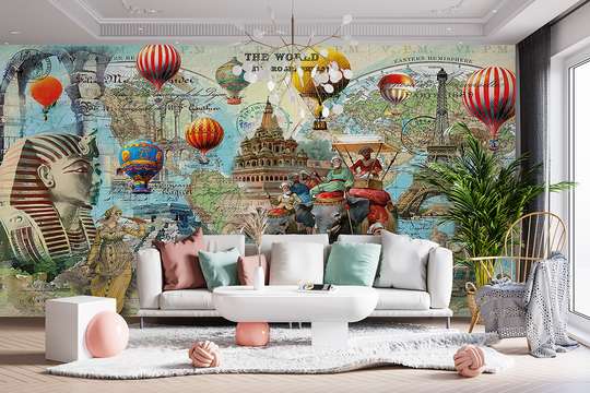 Wall mural - Vintage world map with colorful balloons