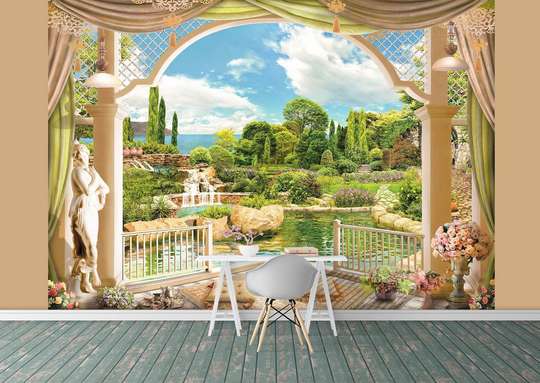 Wall Mural - View from the window to the green garden by the lake.