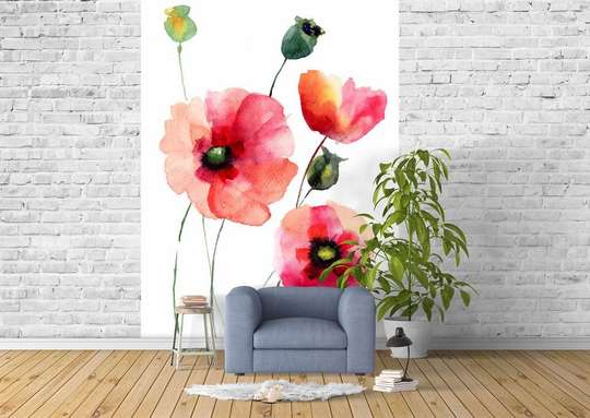 Wall Mural - Red poppies on a white background