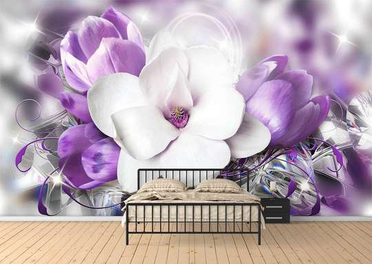 Fototapet - Flori violet și albe pe un diamant