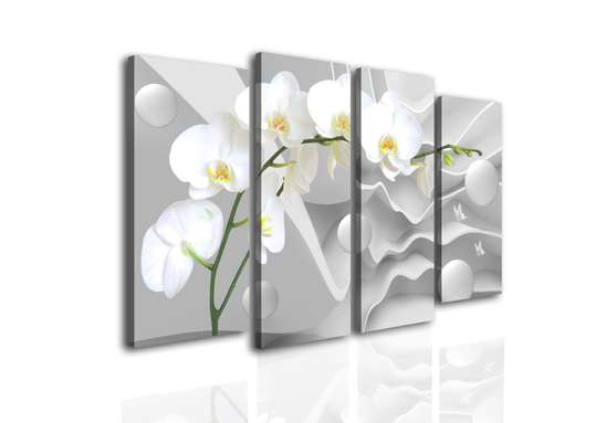 Tablou Pe Panza Multicanvas, Orhidee pe un fundal alb 3D., 198 x 115
