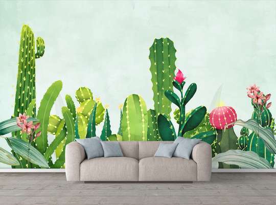 Wall Mural - Green cacti on a blue background