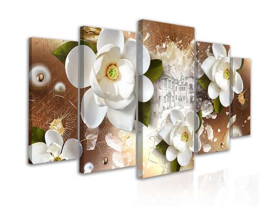 Modular picture, White flowers on the background of an abstract city, 108 х 60