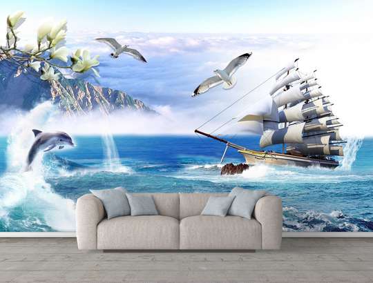 Wall Mural - A ship sailing in the ocean and seagulls in the sky
