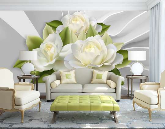 3D 3D Wallpaper - White flowers on the background of the wall.