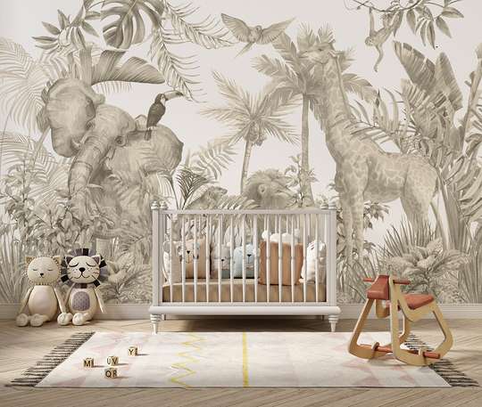 Wall mural - Animals and jungle in sepia style