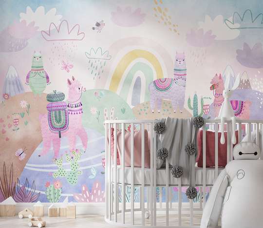 Wall Mural - Colorful Lamas in fairytale and rainbow