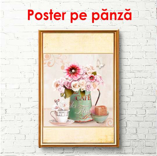 Poster - Bouquet of pink flowers in a green vase, 60 x 90 см, Framed poster