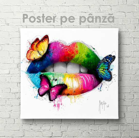 Poster - Buze curcubeu cu fluturași, 40 x 40 см, Panza pe cadru