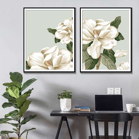 Постер - Белые цветы, 60 x 90 см, Постер на Стекле в раме