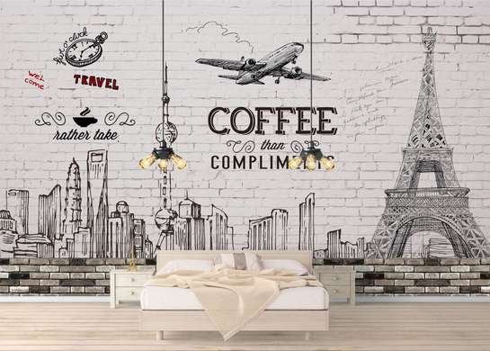 Wall Mural - Airplane with the Eiffel Tower on a brick background