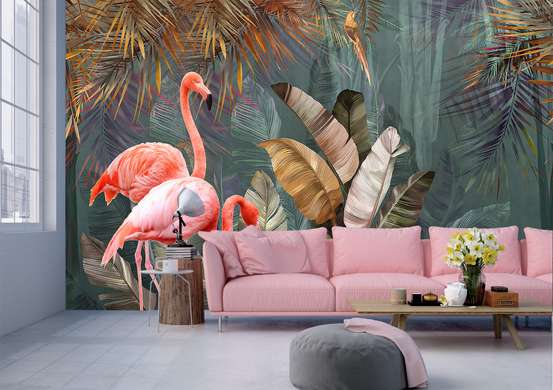 Wall Mural - Bright flamingos on the background of the jungle