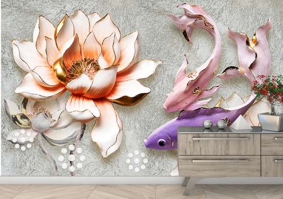 Wall Mural - Flowers and fish on a gray background