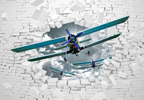 Wall Mural - Blue airplanes on 3D wall background