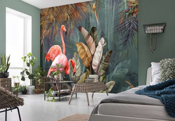 Wall Mural - Bright flamingos on the background of the jungle