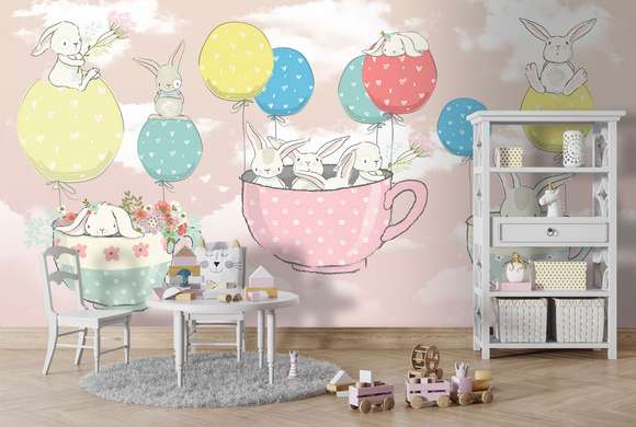 Nursery Wall Mural - Cute bunnies with balloons on a pink background