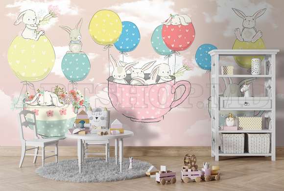 Nursery Wall Mural - Cute bunnies with balloons on a pink background