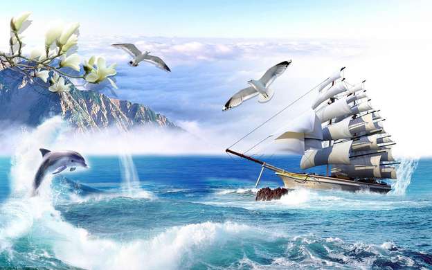 Фотообои - Корабль плывущий в океане и чайками в небе