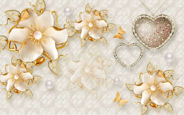 Wall Mural - Beige flowers and a heart-shaped pendant on a gentle background